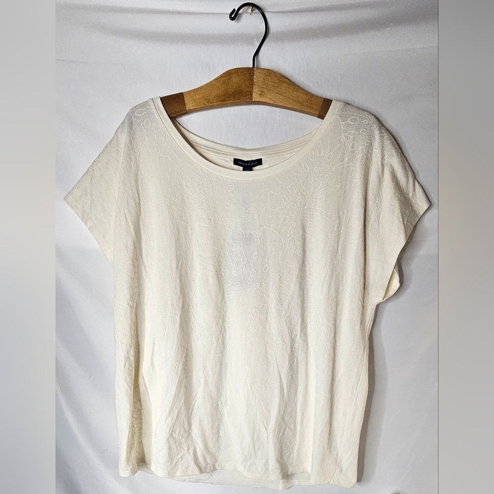 Tommy Hilfiger Ivory Paisley Jacquard Textured Knit Top Tee Women's Size XL